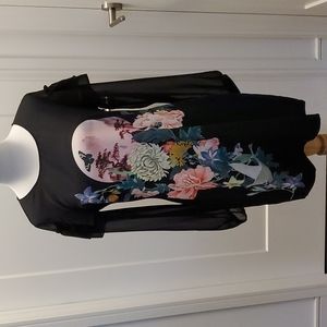 Yumi Dress Butterfly Floral Front Design Sheer Bell Sleeves LBD